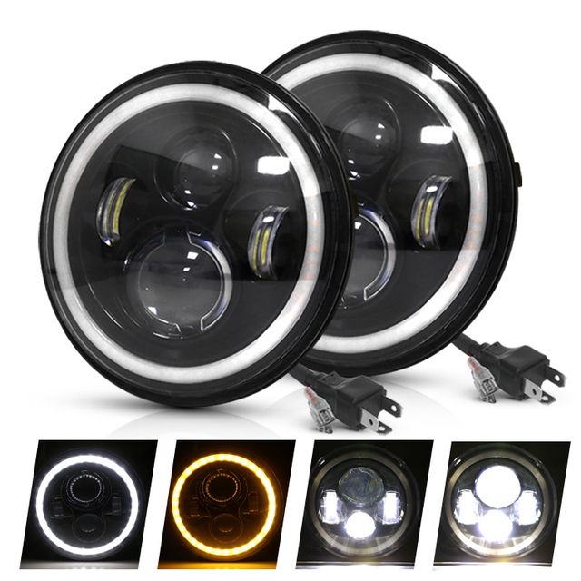 Farola LED de 7 pulgadas para motocicleta, compatible con Jeep Wrangler Lada Niva 4x4, luz amarilla/blanca brillante con diseño de ojo de ángel y resistente a la intemperie